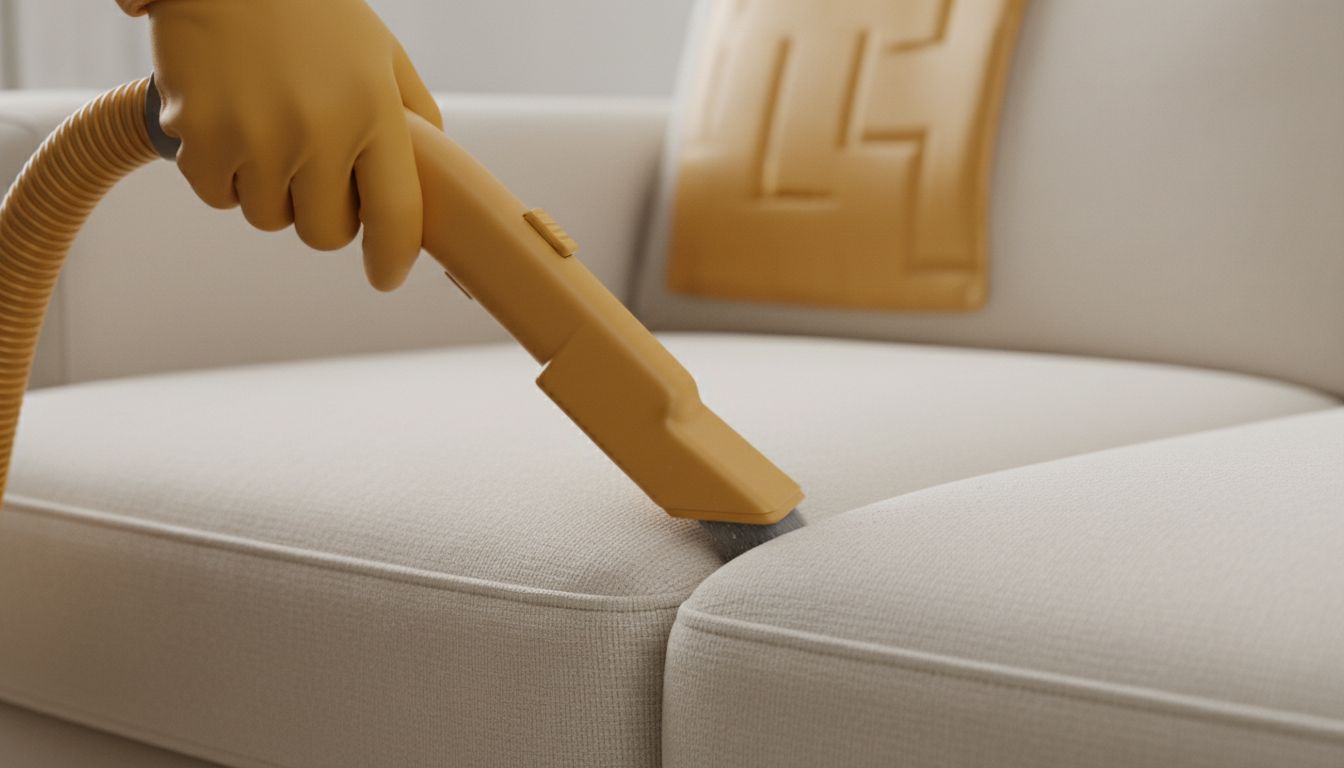 High-quality close-up of vacuuming sofa seams with an upholstery attachment