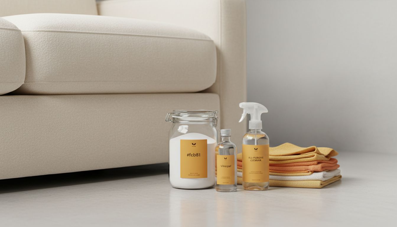 Minimalist setup of baking soda, white vinegar, microfiber cloths, and spray bottle beside a fabric sofa