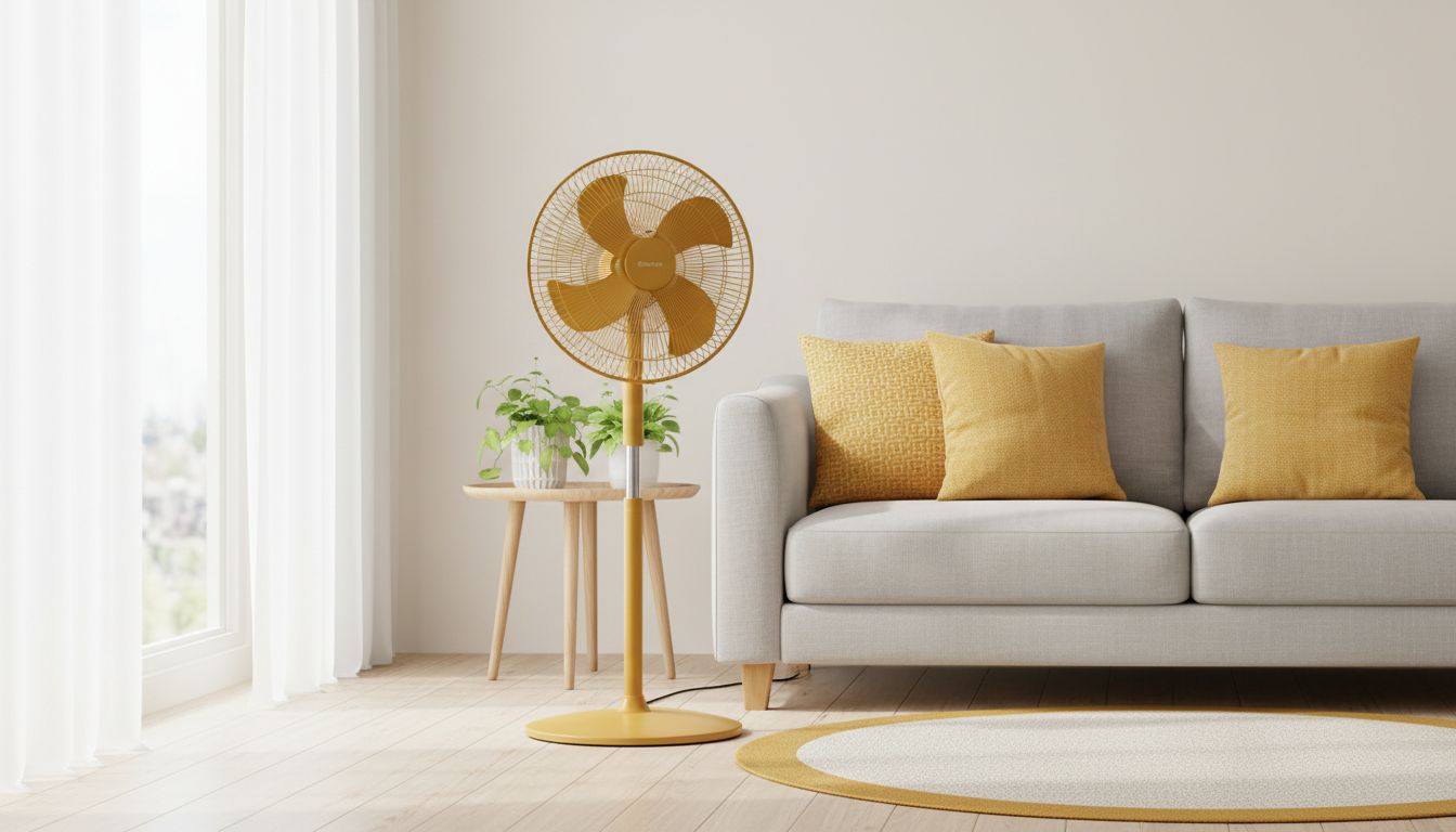 A fan positioned in front of a sofa with cushions upright, bright airy room, professional photo style