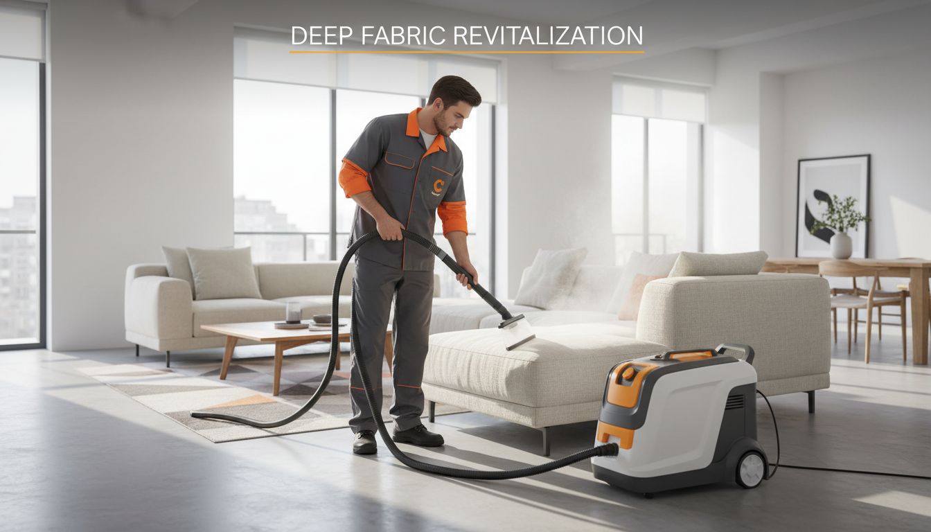 Professional cleaner in uniform using upholstery extraction tool on a fabric sofa, clean modern interior
