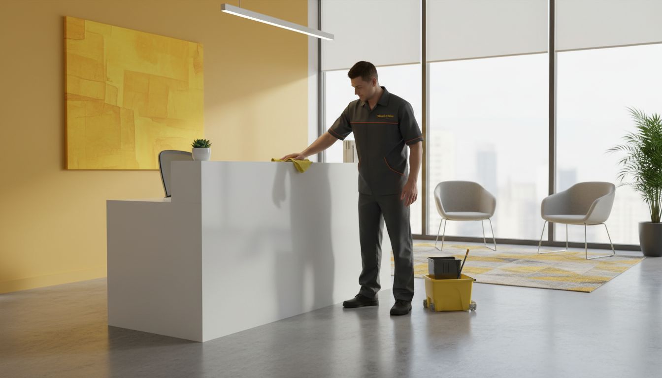 Professional office cleaner wiping a front desk counter in a modern small office reception area