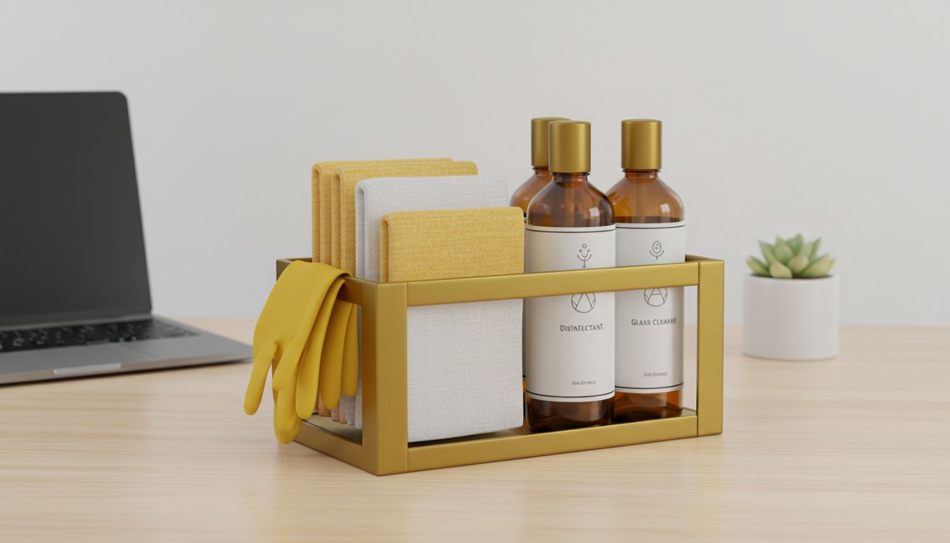 Minimalist cleaning caddy with microfiber cloths, disinfectant, glass cleaner, and gloves on a desk