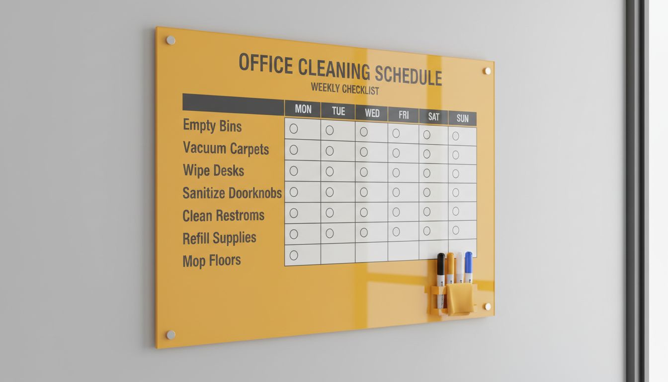 Wall-mounted office cleaning schedule checklist board with markers and labeled tasks