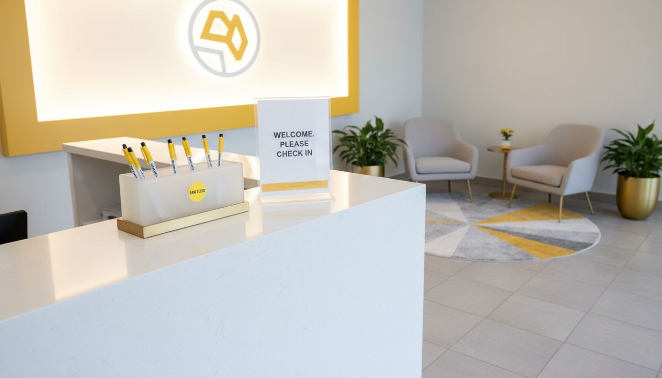 Bright reception area with a clean counter, sanitized pen holder, and organized signage