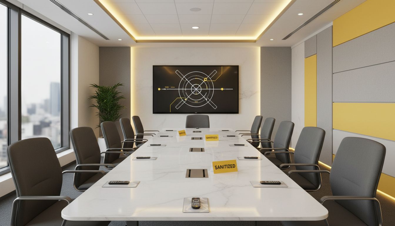 Modern meeting room with a clean conference table, neatly arranged chairs, and sanitized remote controls