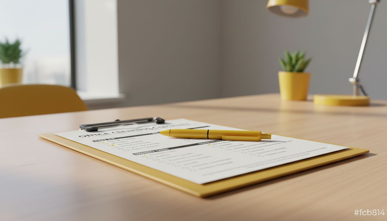 Printed office cleaning checklist on a clipboard with a pen, placed on a clean desk