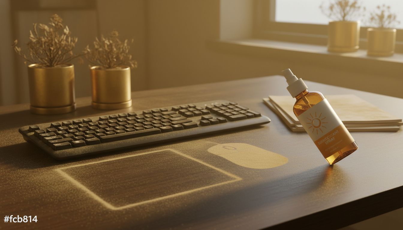 Office desk with visible dust outlines around a keyboard and a neglected disinfectant bottle nearby