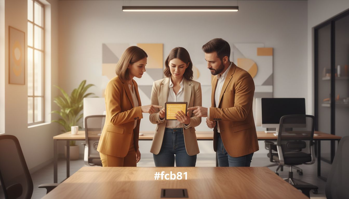 Small team in an office reviewing a cleaning checklist on a tablet