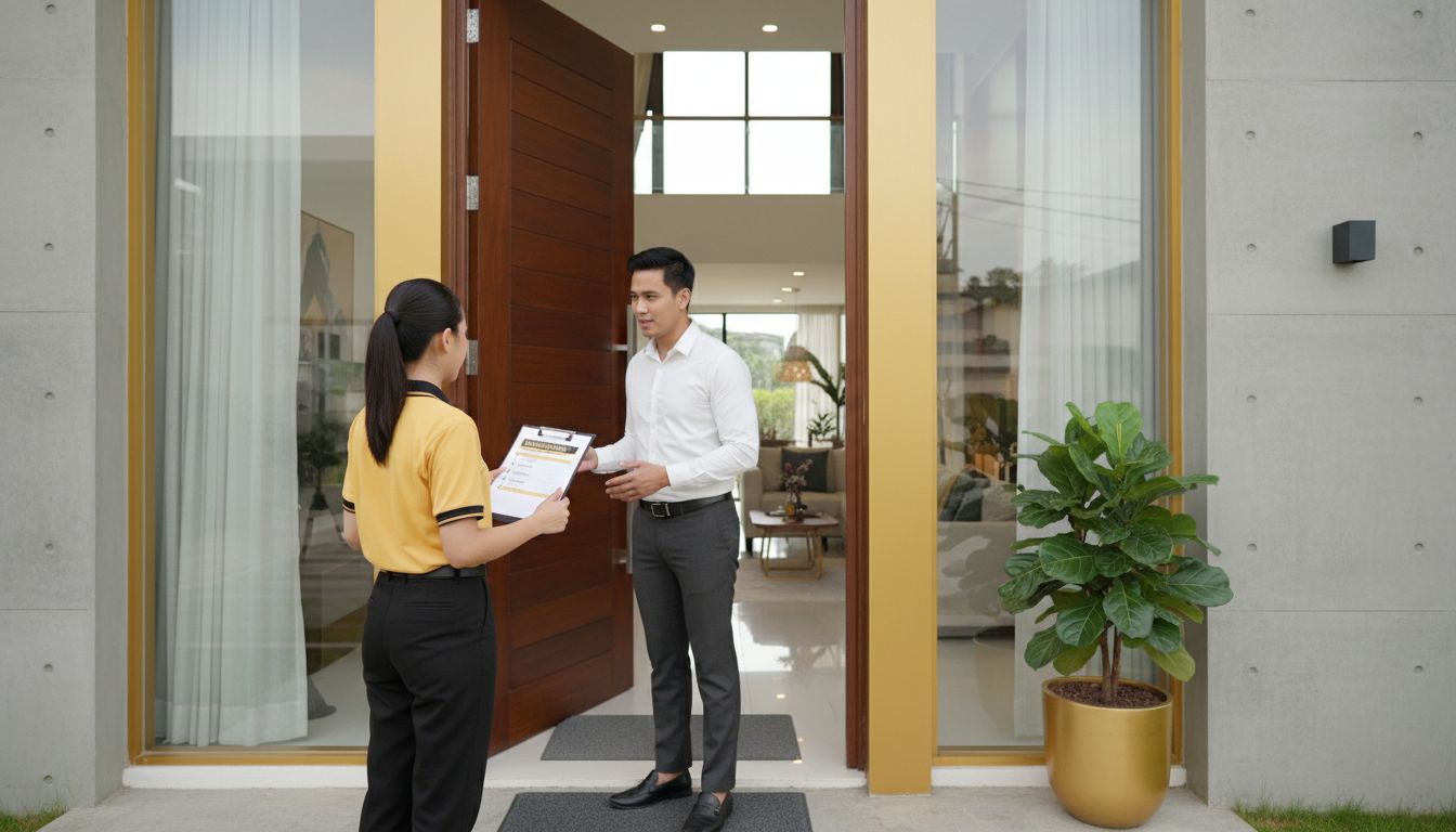 Professional cleaner in uniform speaking with a homeowner at the doorway while holding a clipboard checklist, modern CDO home background