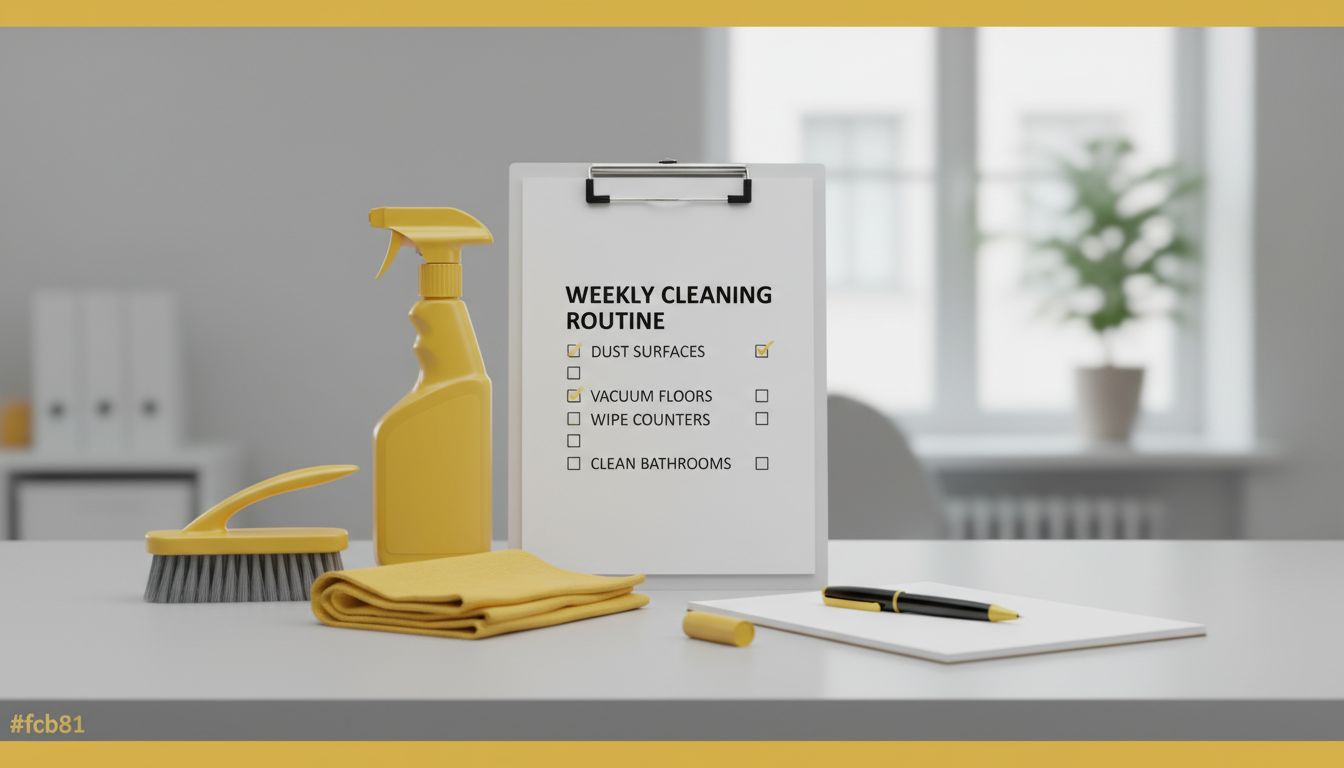Minimalist graphic-style photo of cleaning tools neatly arranged beside a printed checklist and pen on a desk