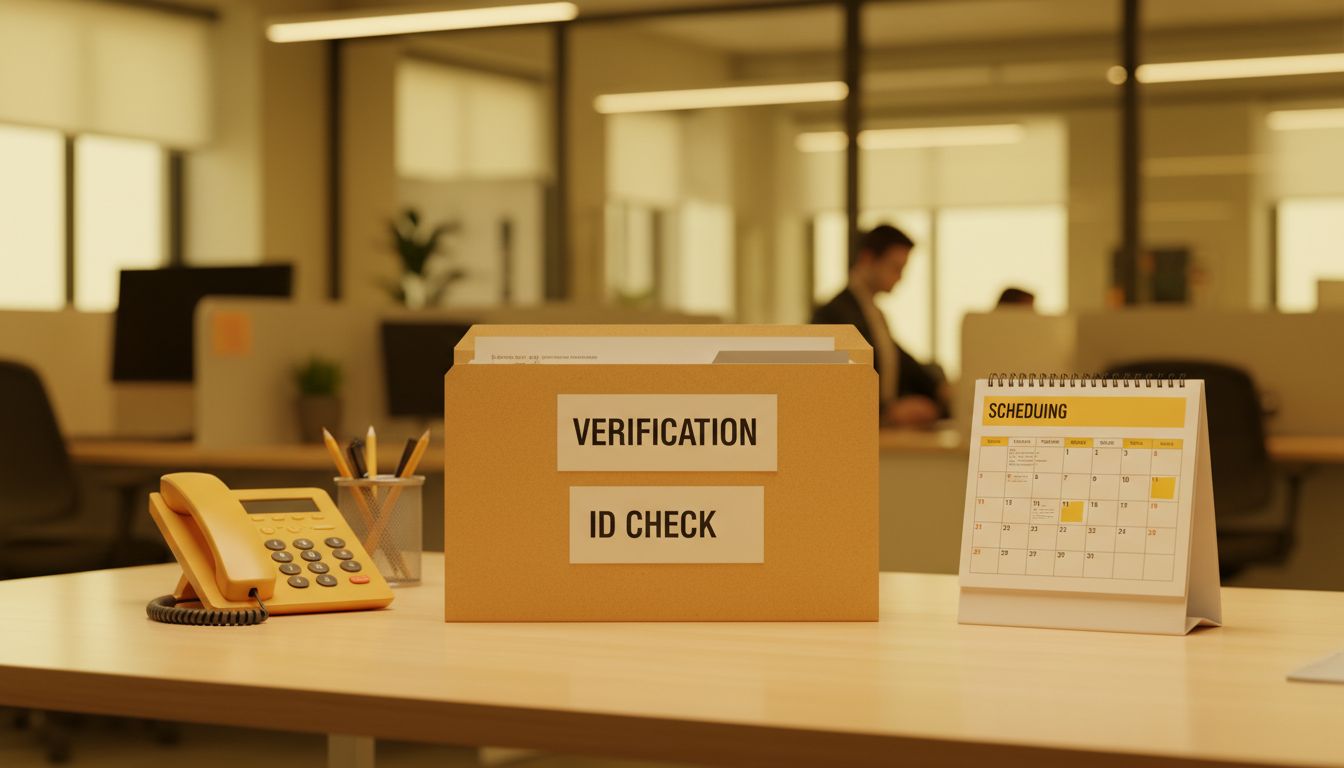 Professional office setting with HR folder labeled “Verification” and “ID Check” next to a phone and scheduling calendar