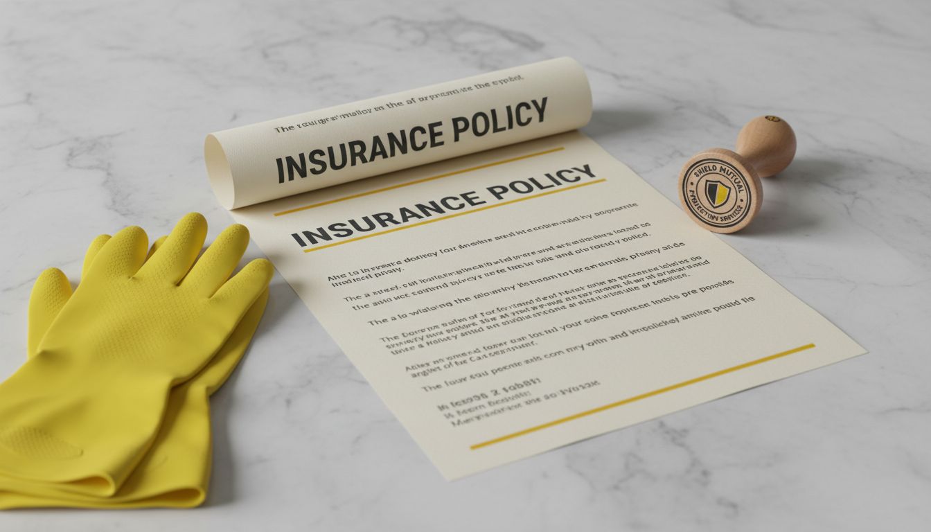 Close-up of a printed insurance policy document beside cleaning gloves and a company stamp, professional lighting