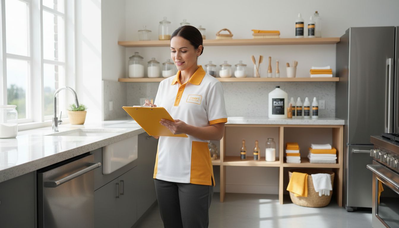 Cleaner checking items off a clipboard inside a bright kitchen, with neatly organized supplies in the background