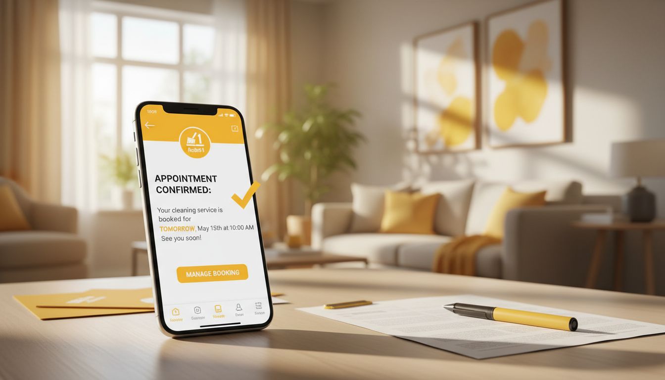 Smartphone on a table showing a cleaning appointment confirmation message, with a tidy living room blurred in the background