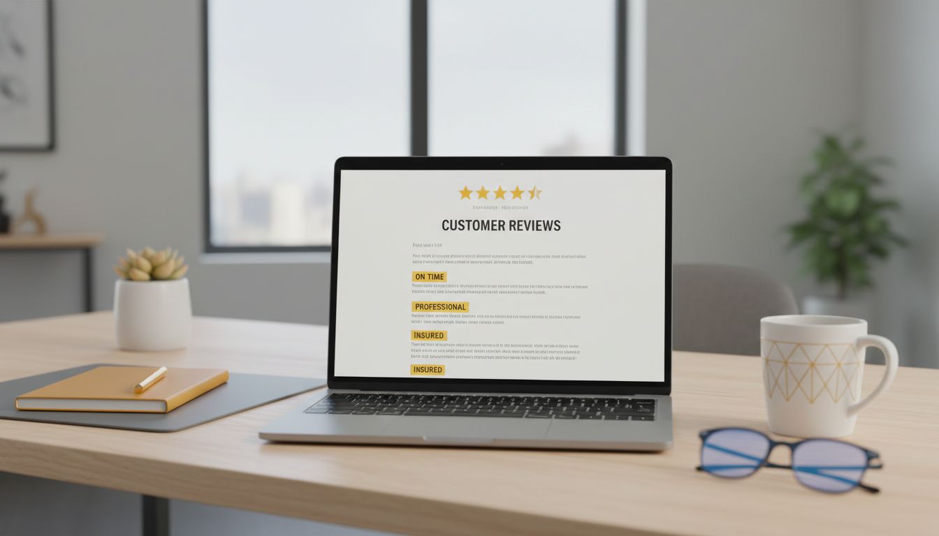 Laptop screen showing a star-rating review page with highlighted keywords like “on time,” “professional,” and “insured,” desk workspace setting