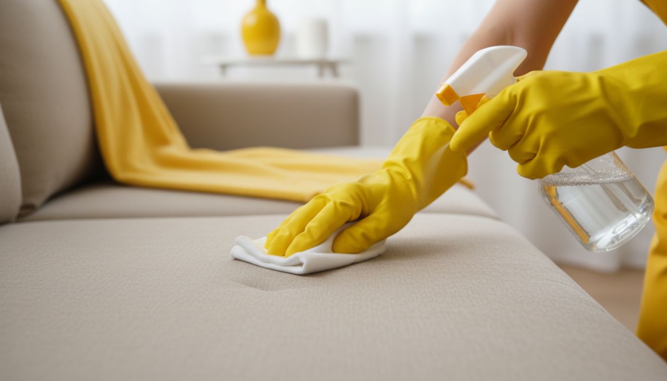 Professional cleaner wearing gloves doing a small spot test on a sofa cushion with a white cloth, close-up detail