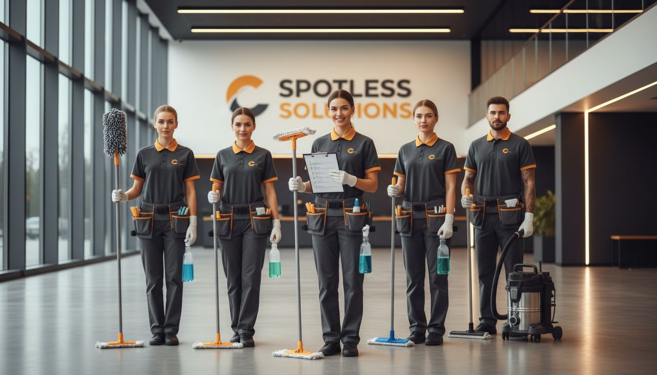 Team of professional cleaners in uniform standing in a bright modern space, holding organized equipment and a checklist clipboard, confident and approachable
