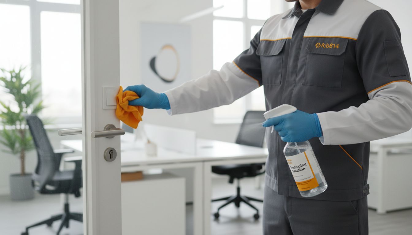 Professional cleaner in uniform wiping a high-touch office area (door handle, light switch) with labeled spray bottle and microfiber cloth in a bright modern workspace