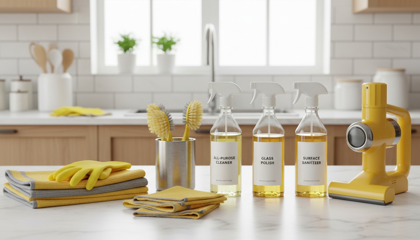 Bright, modern kitchen with neatly arranged cleaning tools, gloves, microfiber cloths, and labeled spray bottles on a counter