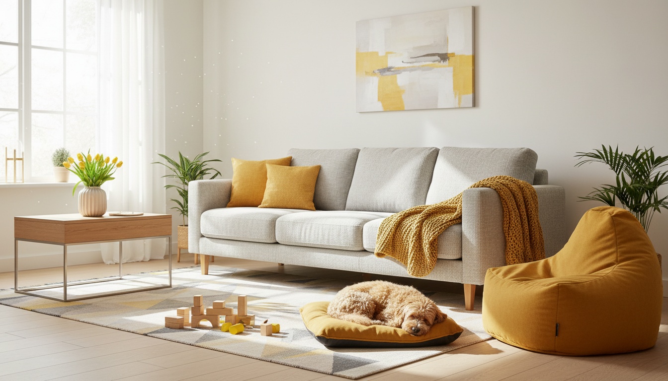 A clean living room with a fabric sofa, a child’s toy on the floor, and a small dog resting nearby, bright natural lighting