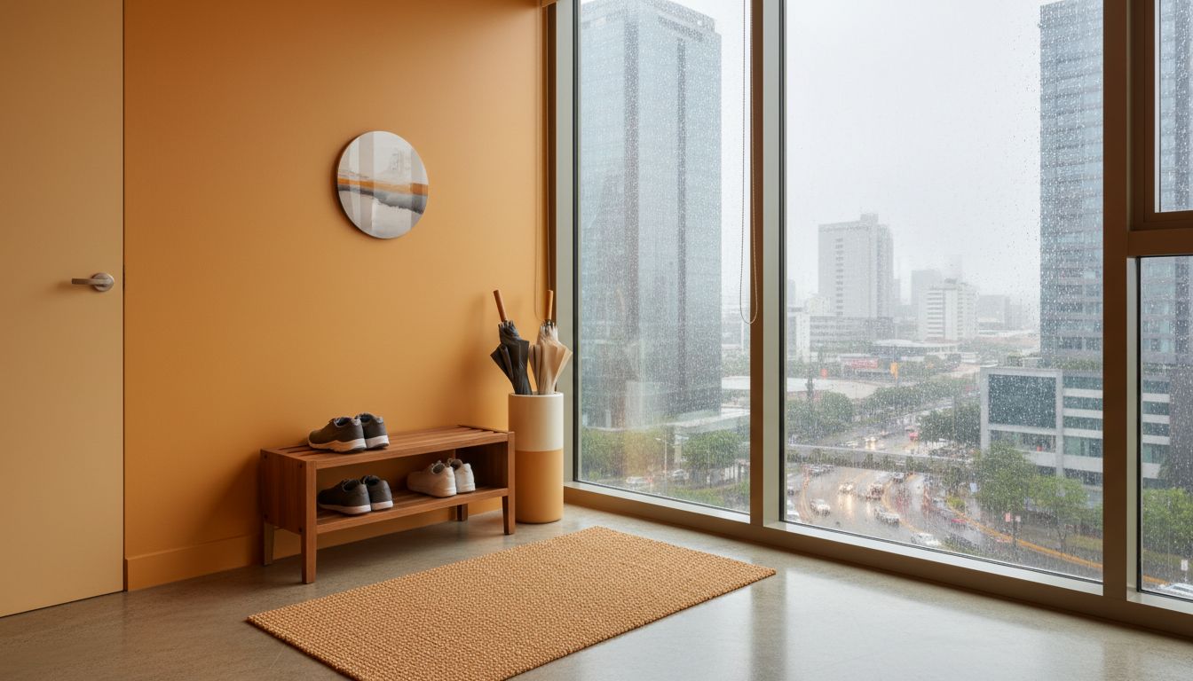 Bright, modern Cagayan de Oro condo entryway with a rain mat, umbrella stand, and shoe rack; rainy city view through a window