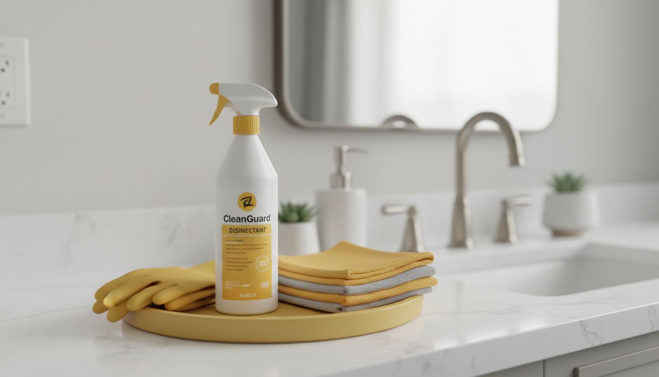 Bright, professional photo of a clean home bathroom counter with disinfectant spray, microfiber cloths, and gloves neatly arranged