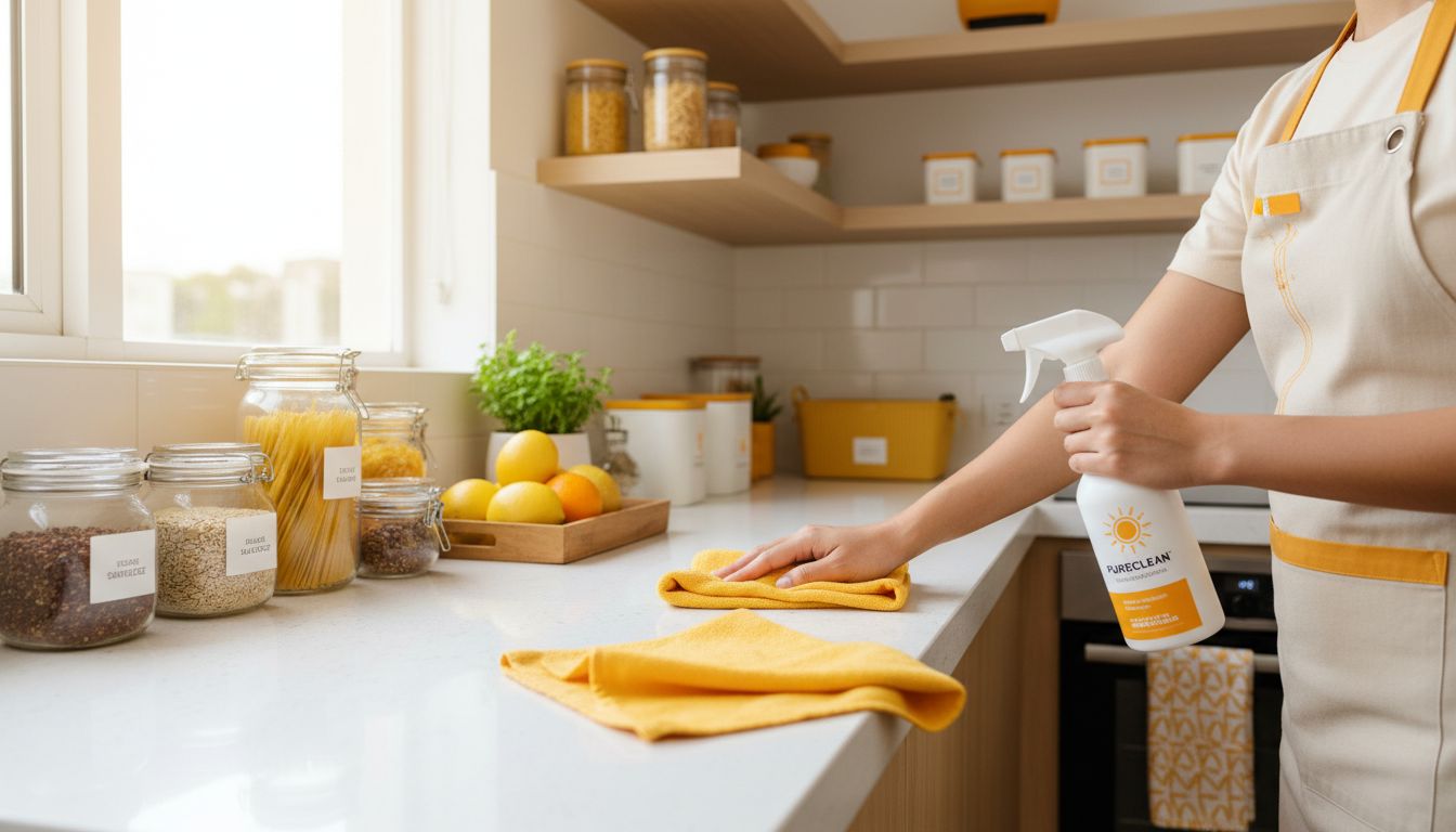 Kitchen and pantry counter being sanitized with food-safe product, with clean cloths and organized items in a bright CDO condo kitchen