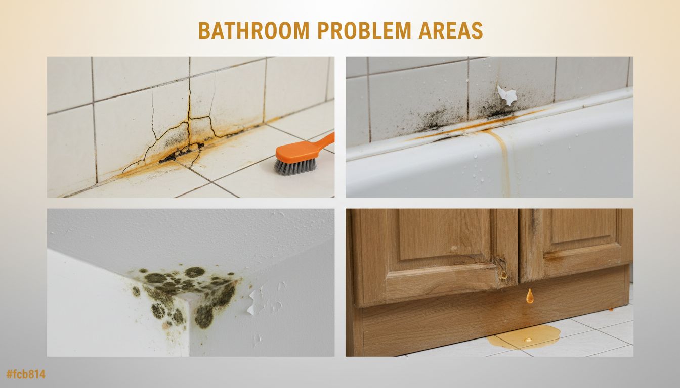 Close-up of bathroom problem areas—grout lines, silicone sealant edge, ceiling corner spots, and under-sink cabinet base