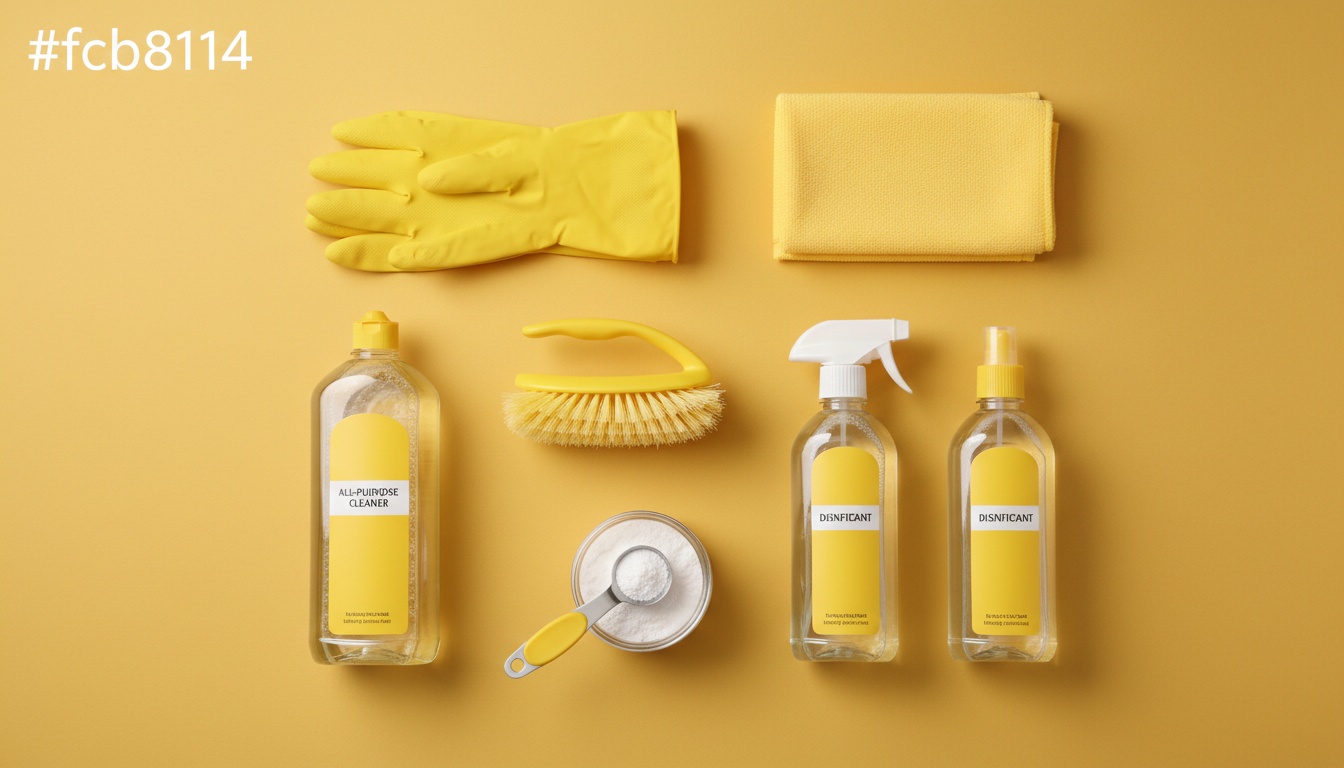 Flat lay of PPE and cleaning kit: gloves, microfiber cloths, dish soap, brush, spray bottles, baking soda, and measuring spoon