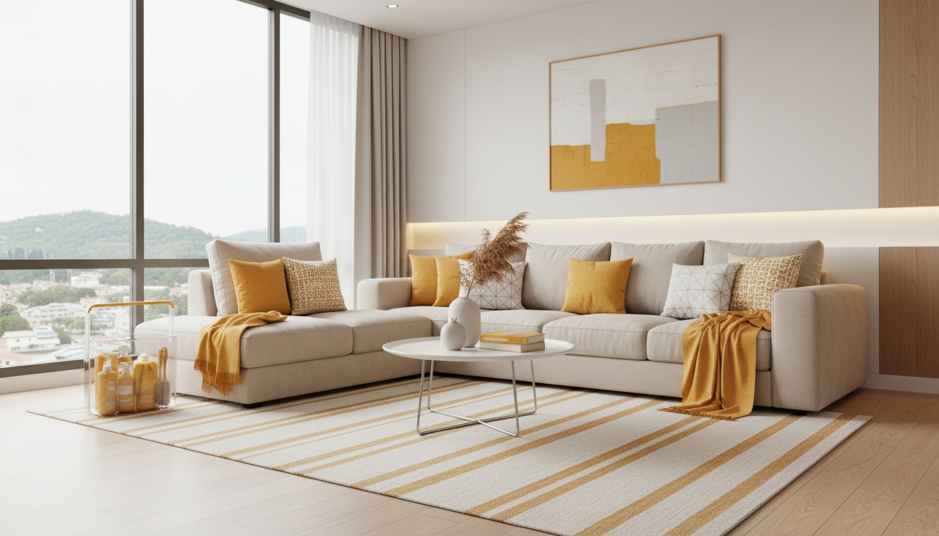 A bright, minimalist Cagayan de Oro condo living area with cleaning caddy and neatly staged throw pillows, professional high-quality photo