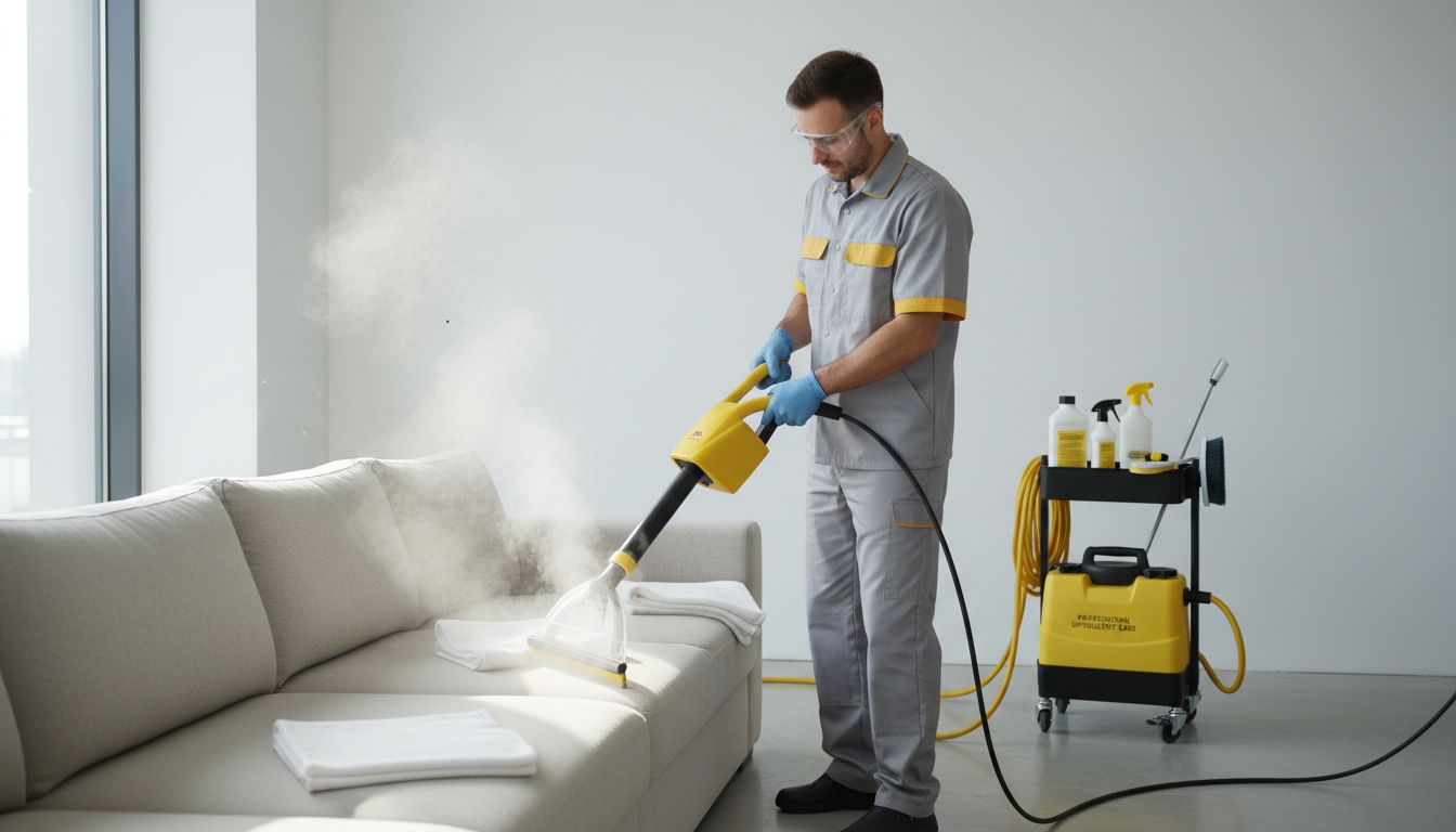 A professional cleaner using a steam upholstery tool on a sofa, with a neutral, clinical “clean” look