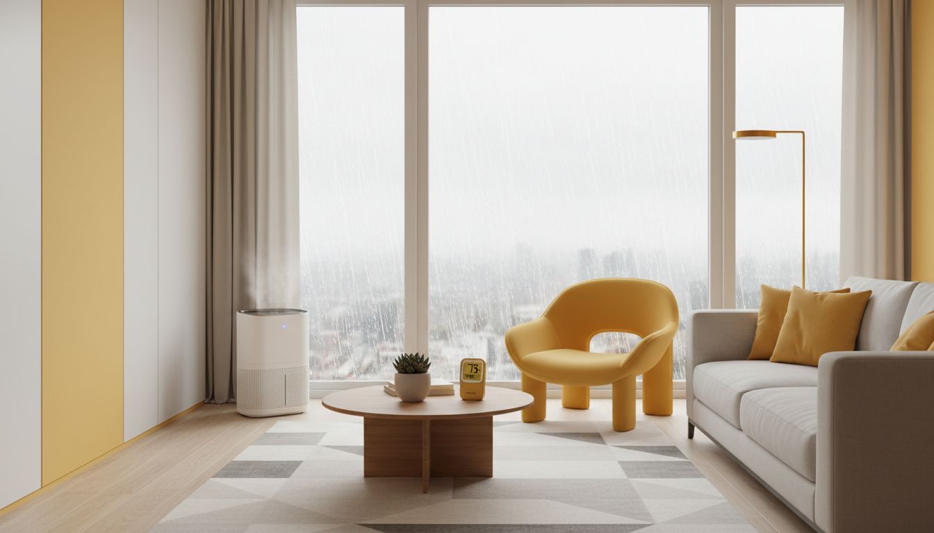 Minimalist condo living room with a compact dehumidifier running; moisture meter on a coffee table; rain visible outside