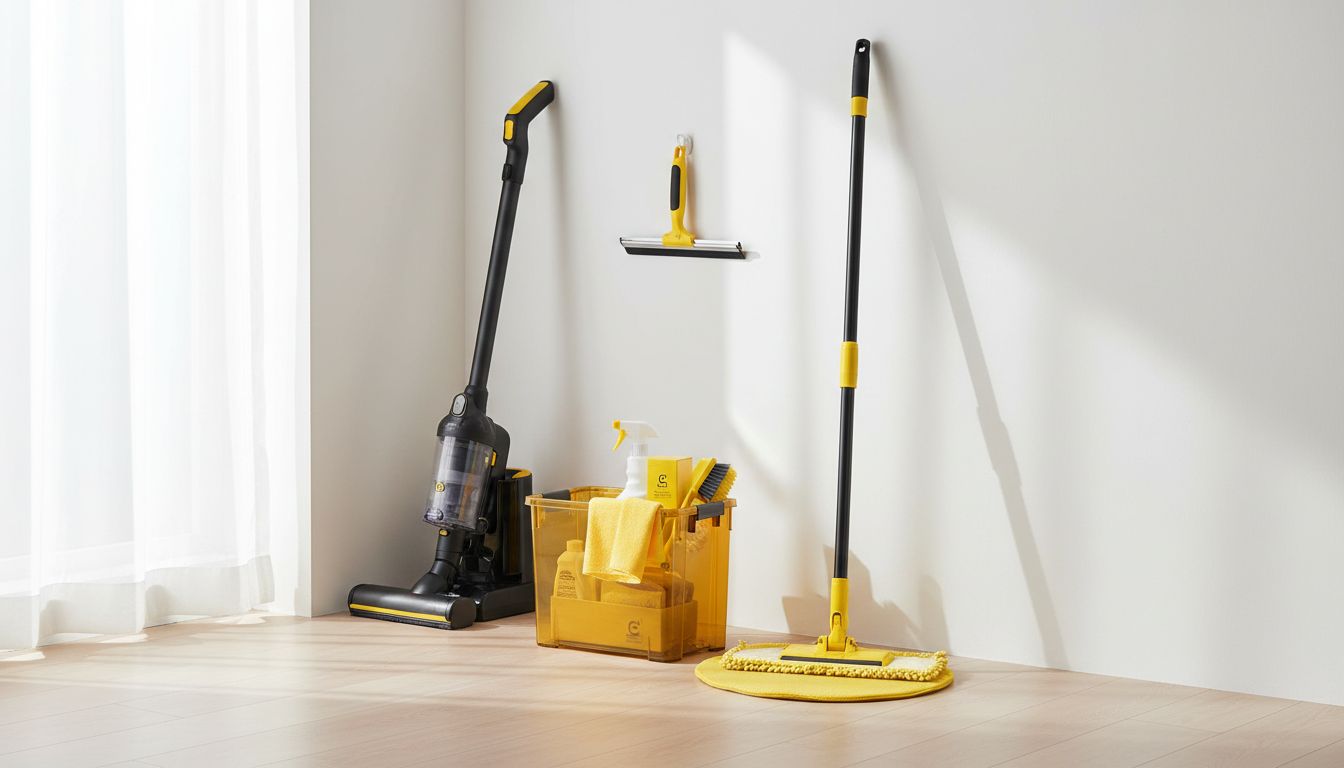 A bright, modern small apartment with a compact cleaning caddy, microfiber mop, small vacuum, and squeegee neatly organized