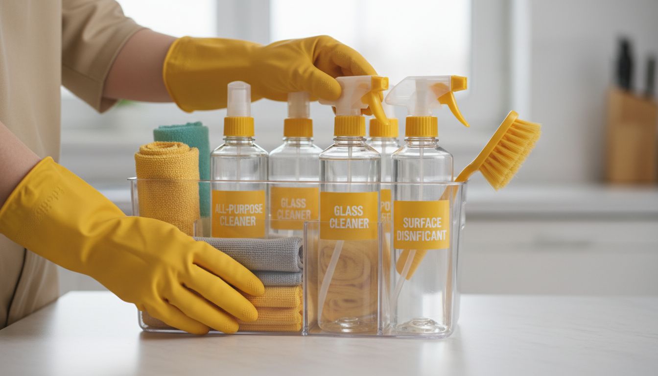 Professional photo of gloved hands preparing a cleaning caddy with labeled bottles and microfiber cloths
