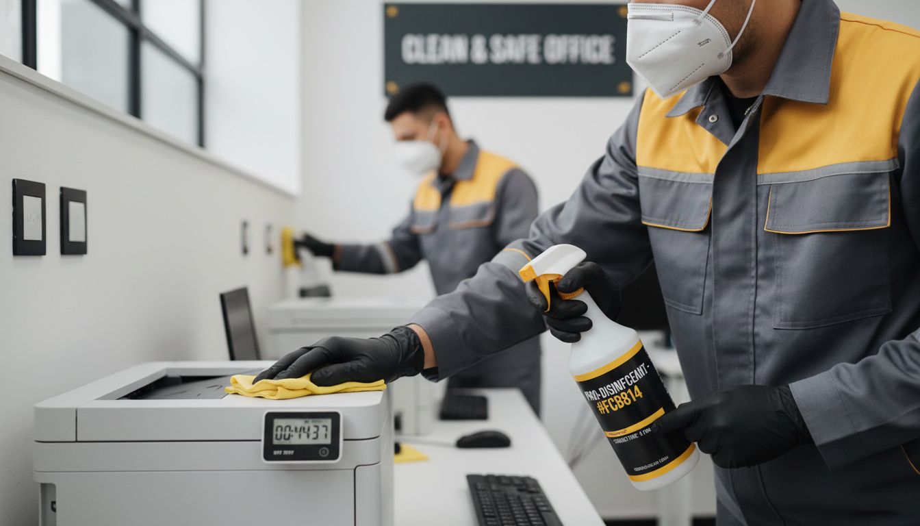 Professional cleaner wearing gloves and mask disinfecting office high-touch points with labeled disinfectant and timer/stopwatch for contact time