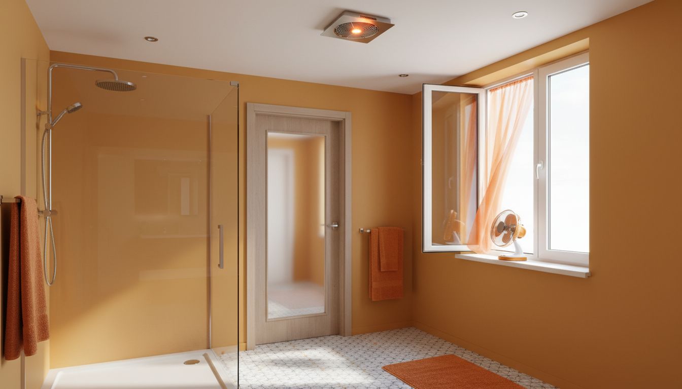 Bathroom ventilation setup—exhaust fan above, door slightly ajar, window cracked open, and a small fan positioned to push humid air out