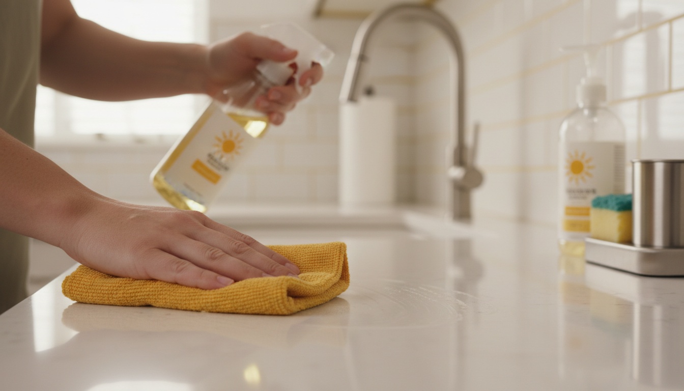 Close-up of hands wiping a kitchen counter with a microfiber cloth; a spray bottle and dish soap visible
