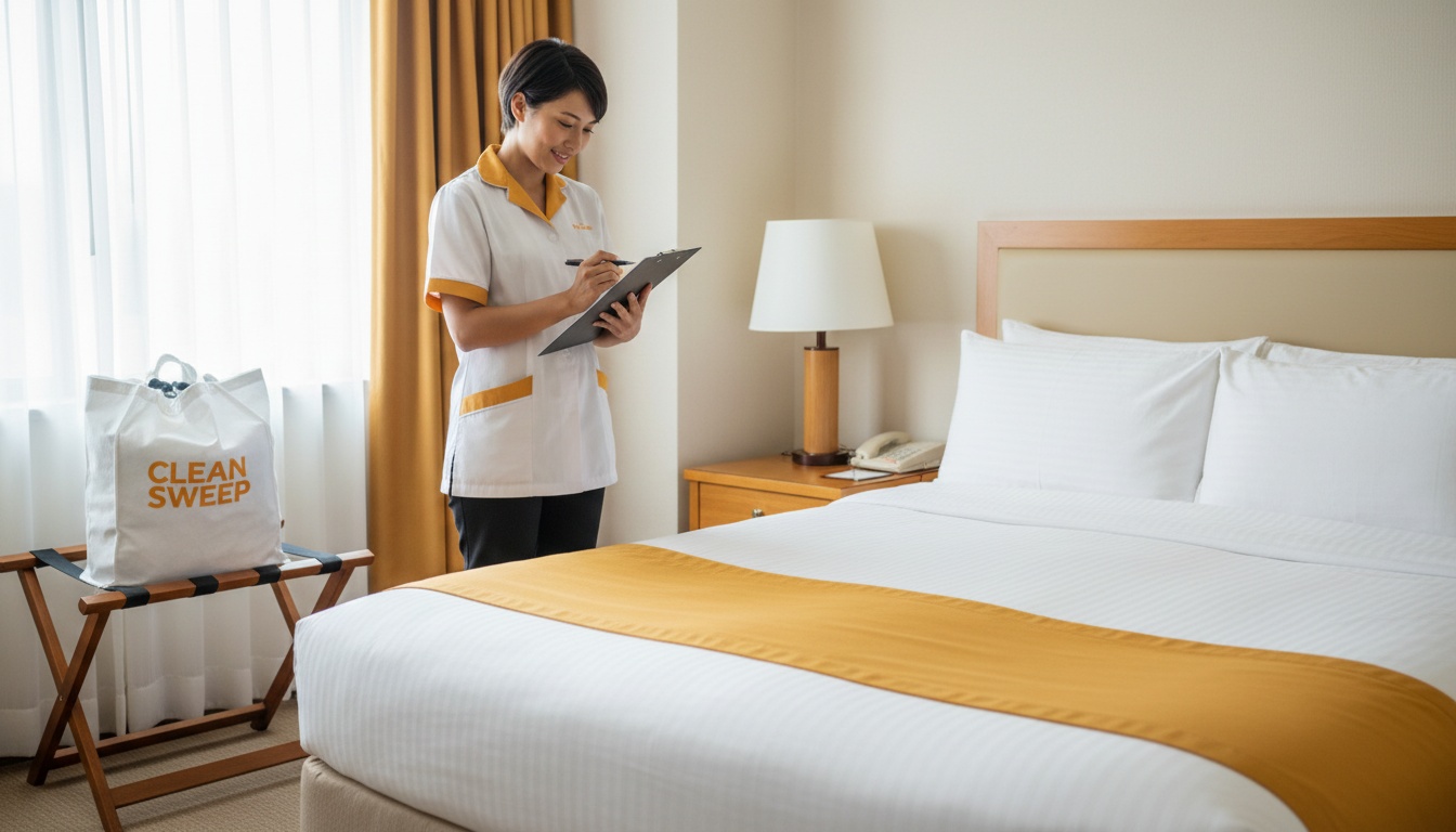 A cleaner in uniform checking a printed checklist beside a neatly made bed and a laundry bag, professional high-quality photo
