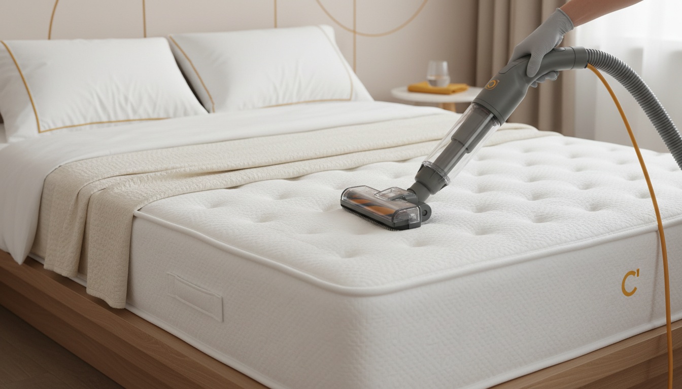 A neatly made bed with a mattress being cleaned using an upholstery attachment, minimal and professional styling
