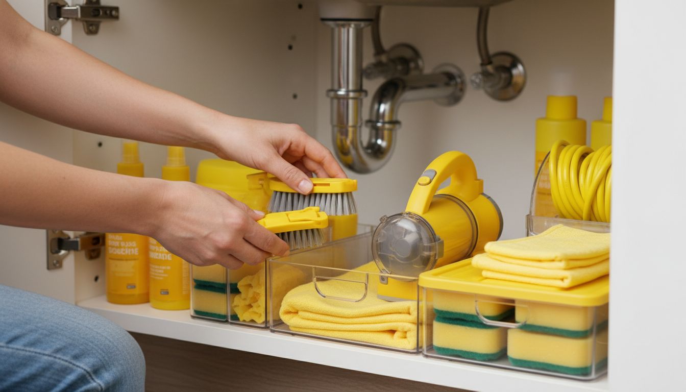 Close-up of hands organizing compact cleaning tools under a small sink cabinet