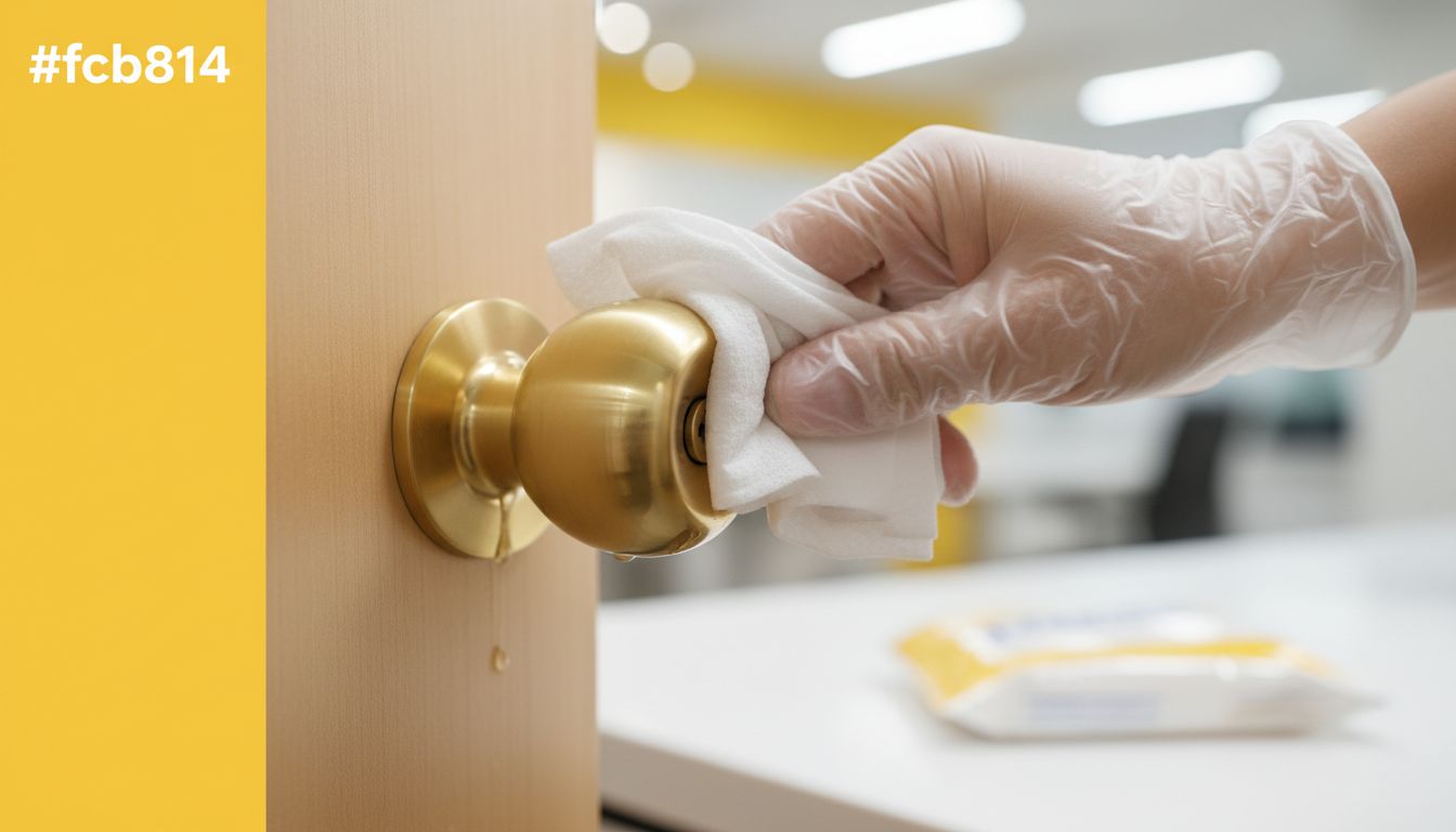 Clean, professional photo of a hand wiping a doorknob with a disinfectant wipe
