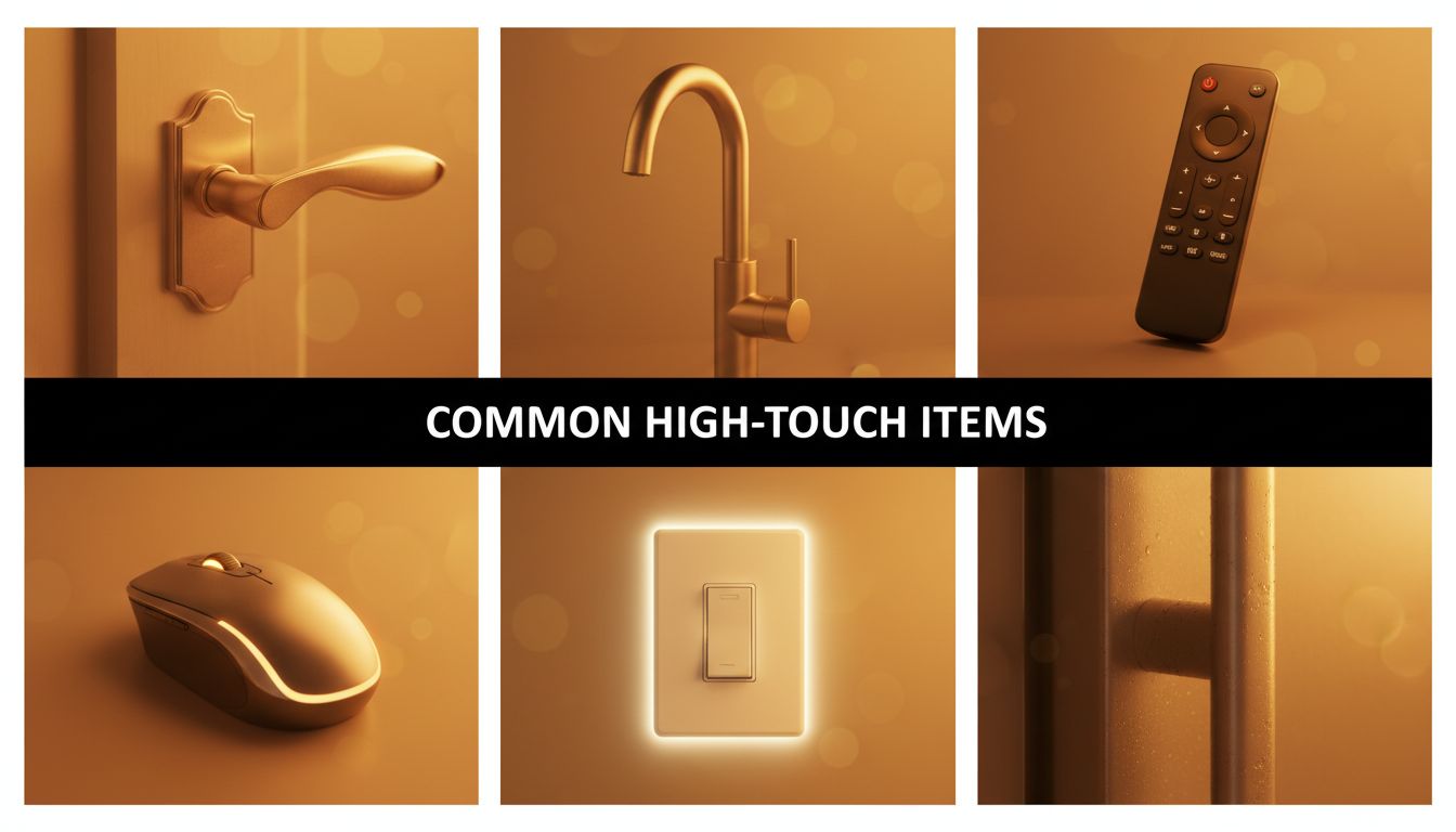 Close-up grid of common high-touch items: door handle, faucet, remote control, office mouse, light switch, refrigerator handle