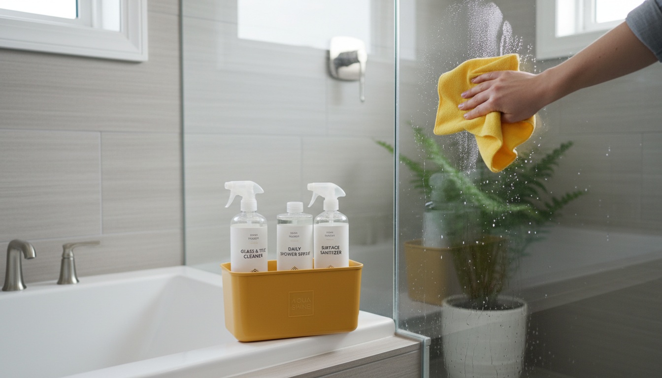 Person using a squeegee on shower glass with a clean microfiber cloth and a labeled caddy of bathroom-safe cleaners