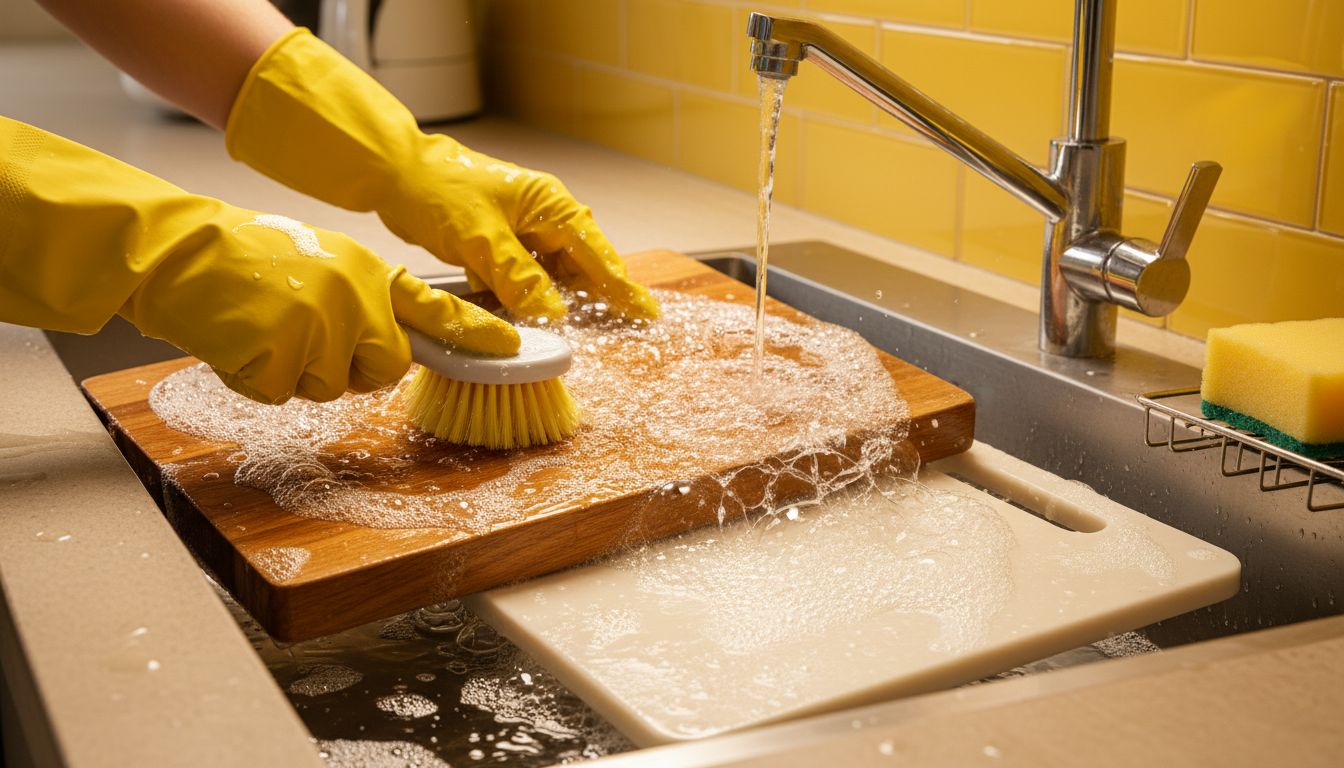 Two cutting boards side-by-side (wood and plastic) being washed in a sink with soapy water and a scrub brush