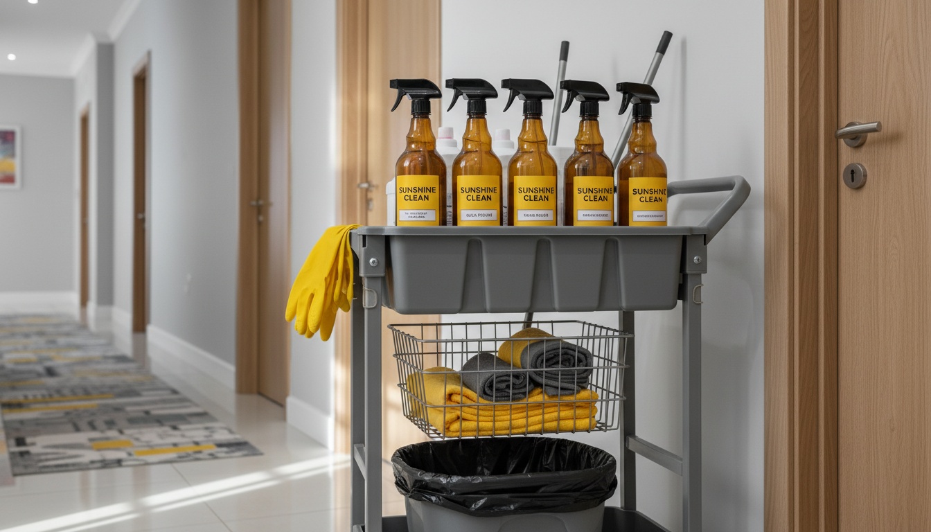 A cleaning cart with labeled bottles, microfiber cloths, and gloves inside a short-term rental hallway, professional high-quality photo