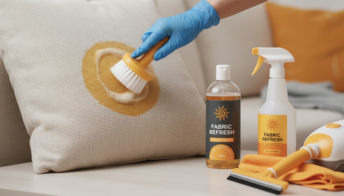 Close-up of a fabric sofa cushion with a visible stain being treated, with cleaning tools arranged neatly