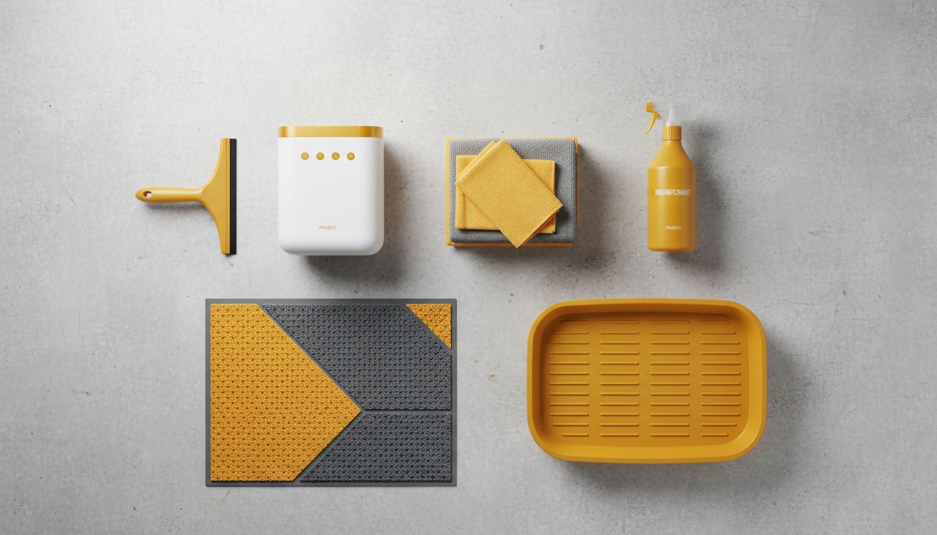 Flat lay of rainy-season cleaning essentials: microfiber cloths, squeegee, dehumidifier, absorbent mat, disinfectant spray, and a small tray for shoes