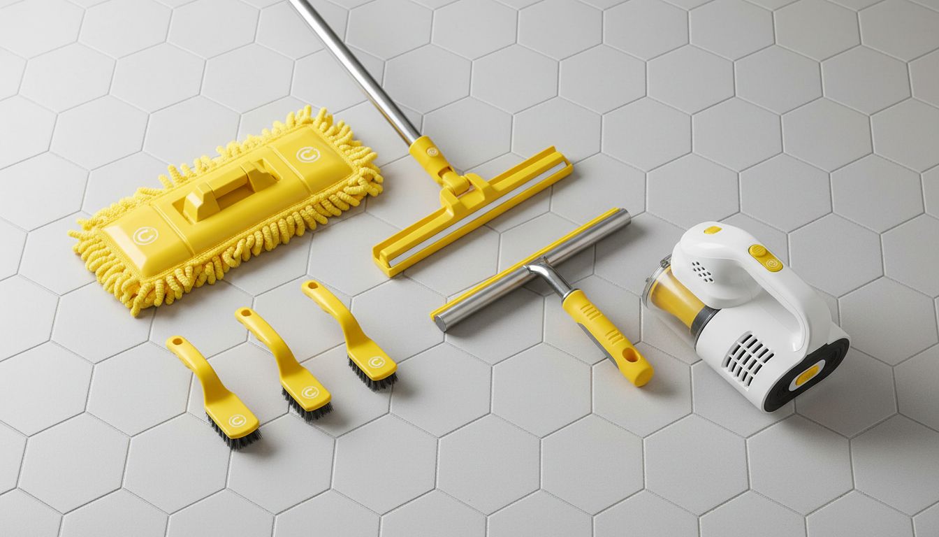 A professional flat-lay of microfiber mop, scrub brush set, squeegee, and compact vacuum on a clean tiled floor