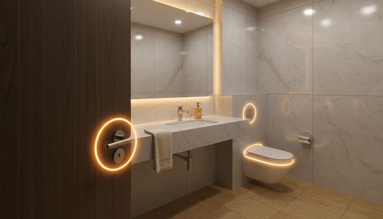 Professional photo of a bathroom with highlighted high-touch points like faucet, flush lever, door handle