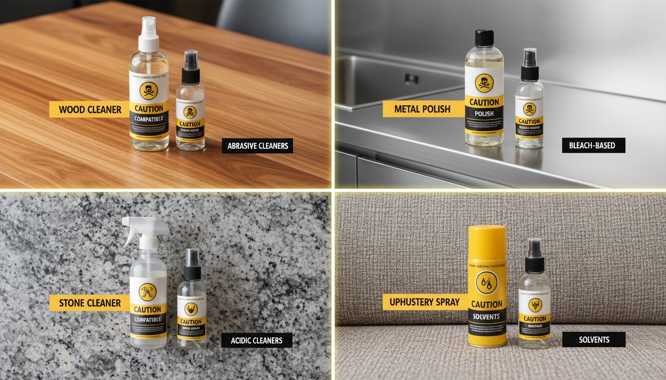 Split scene of different surface materials (wood tabletop, stainless steel, granite, fabric sofa) with small labels indicating compatible vs caution products